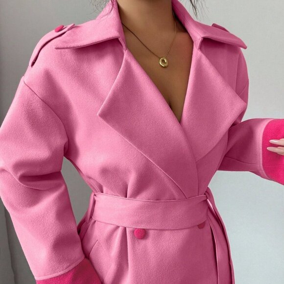 Pink Chic Women's Double breasted Midi trench Overcoat - Picture 3 of 8